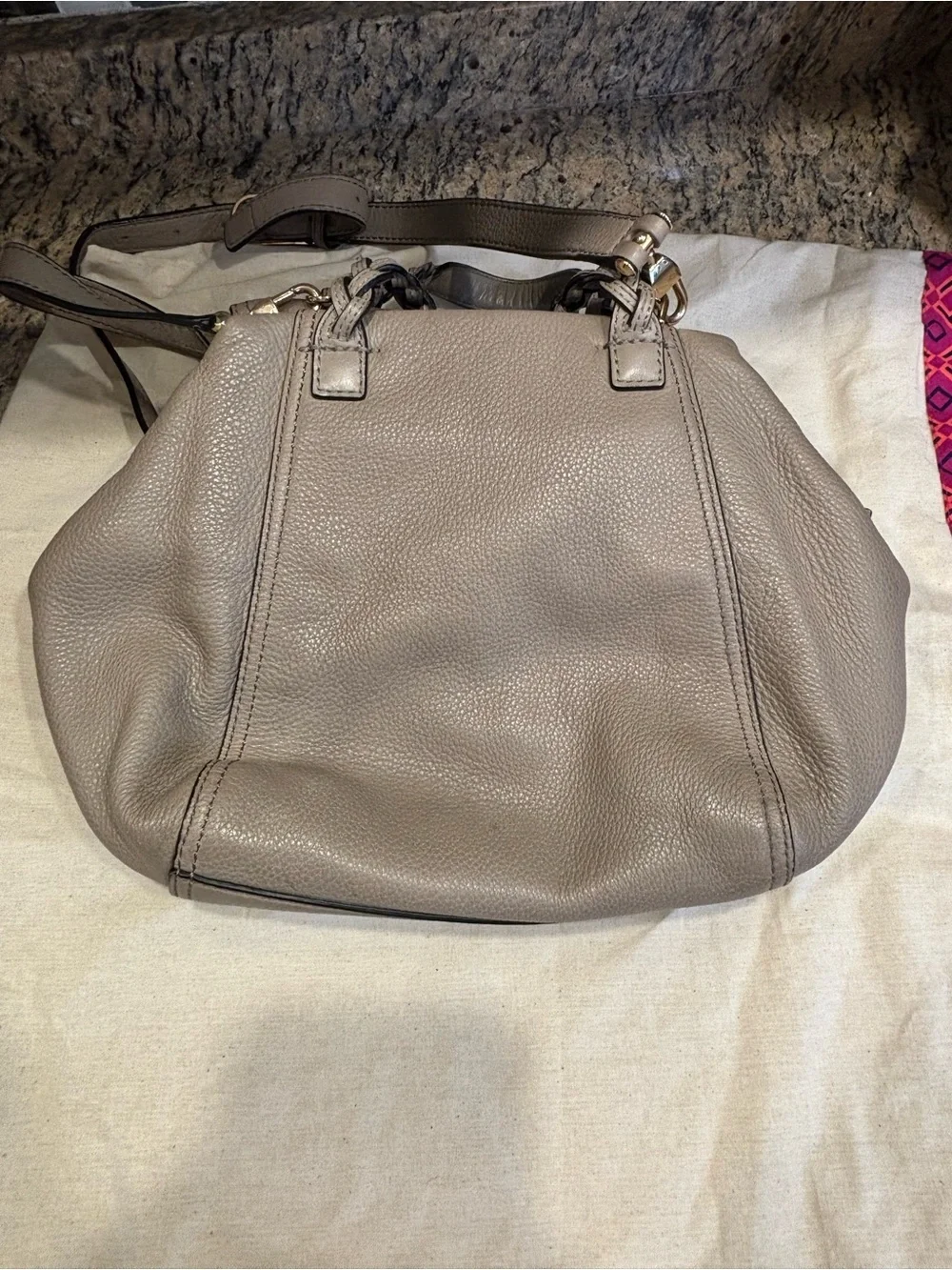 Tory Burch Neutral Taupe Braided-Handle Pebbled Leather Satchel